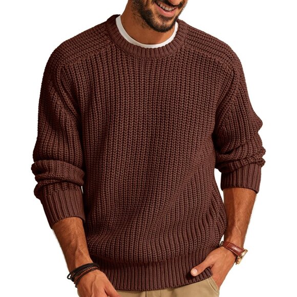 Men's Crewneck Knit Cozy Sweater Pullover Coffee Brown Casual Textured Size S-XL - Picture 7 of 7